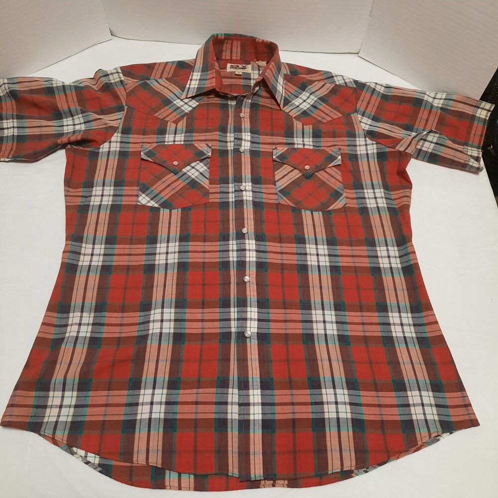 Vtg Ely Cattleman Western Shirt Mens Medium Multicolor Plaid Cotton Pearl Snap